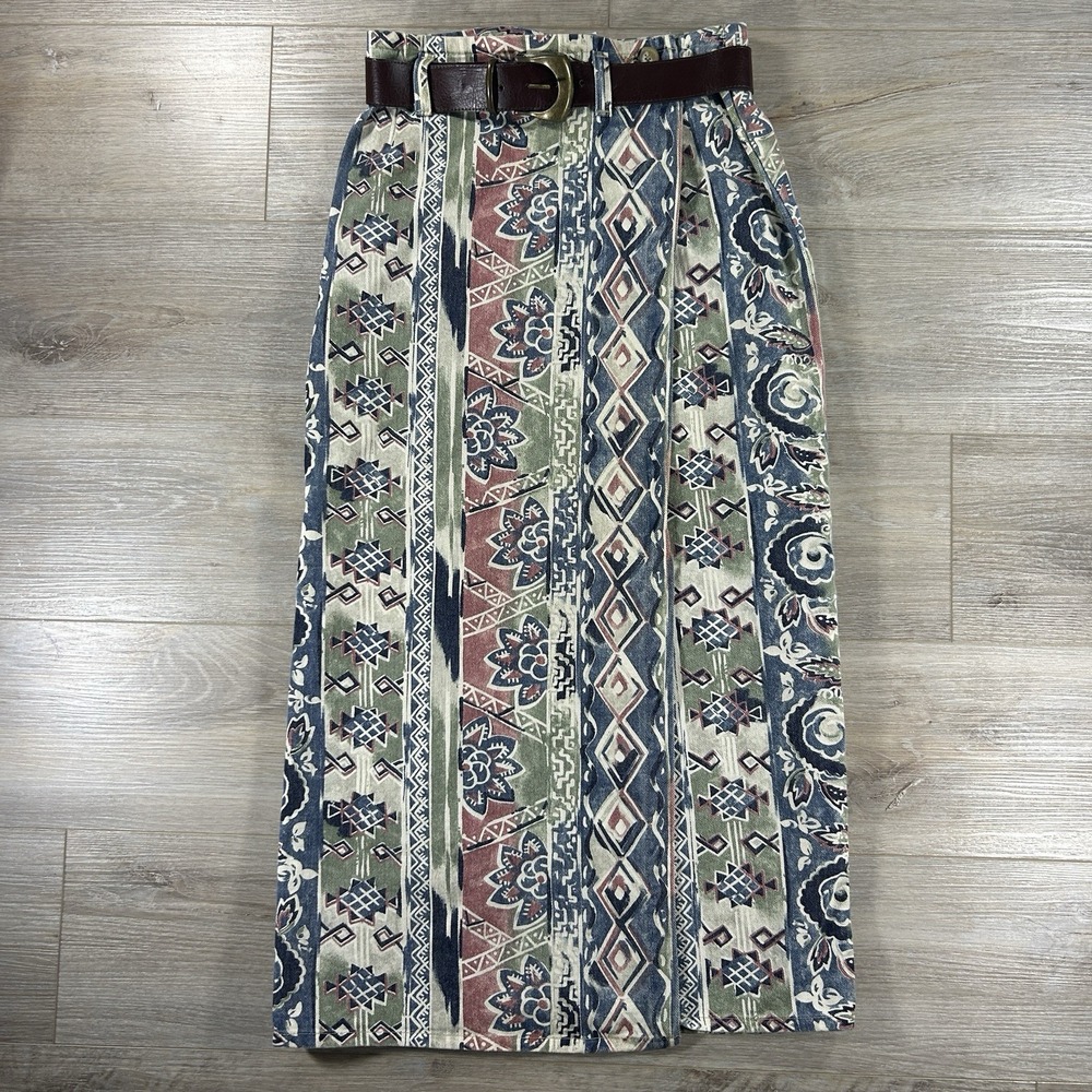 VTG Vivaldi Jeanswear Size 8 80's Aztec Denim Skirt Straight Modest Feminine Mom